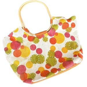 Solea Vintage Mod Polka Dot Wood Handle Velcro Beach Bag Tote Made in India